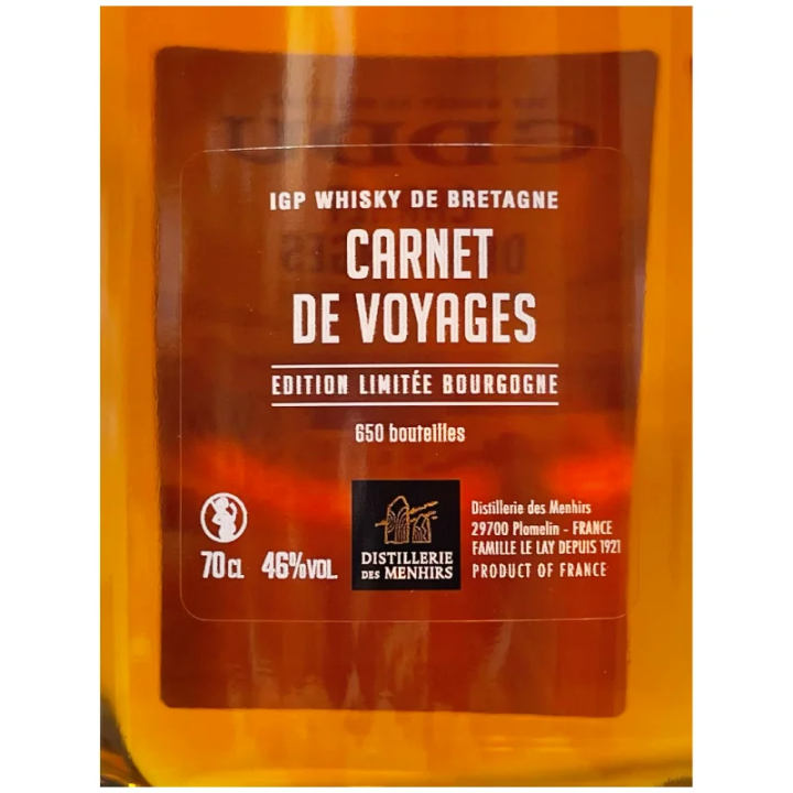 Contre Etiquette du whisky eddu carnet de voyage Bourgogne Côte de Beaune de Distillerie des Menhirs