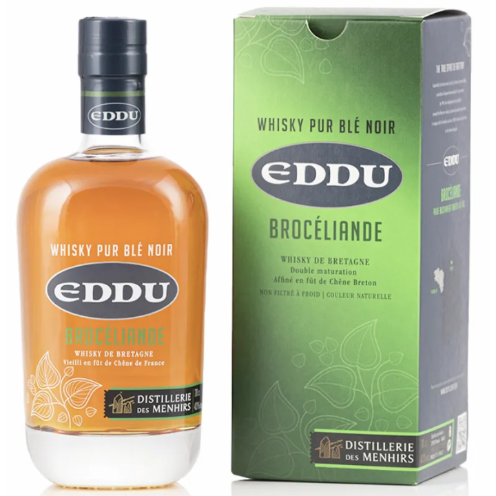 Bottle of Eddu Broceliande whisky with its case from Distillerie des Menhirs