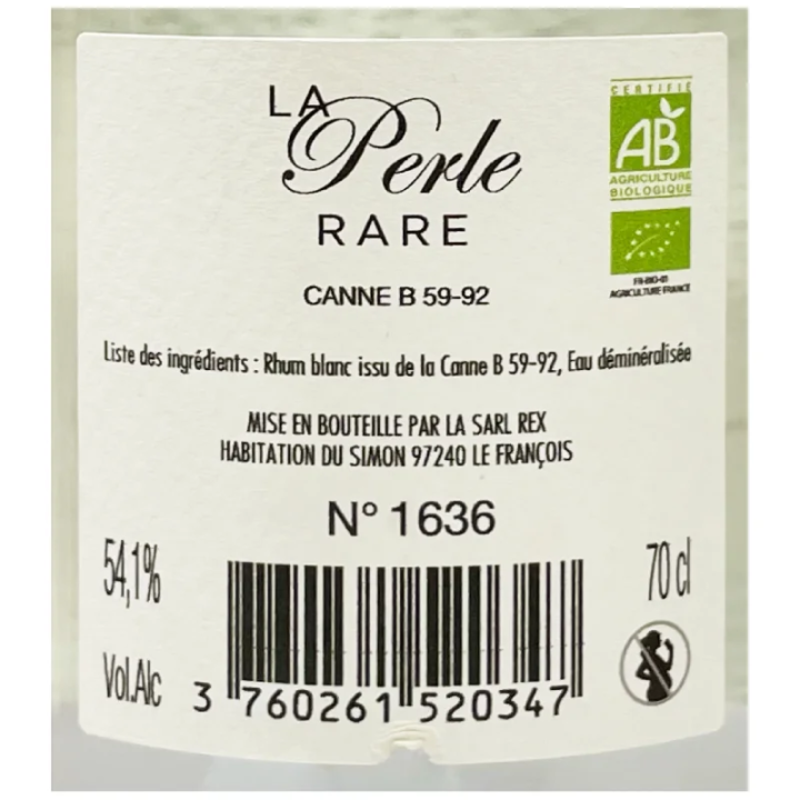 Contre Etiquette Rhum La Perle Rare canne B 59-92 dit canne roseau de la distillerie a1710