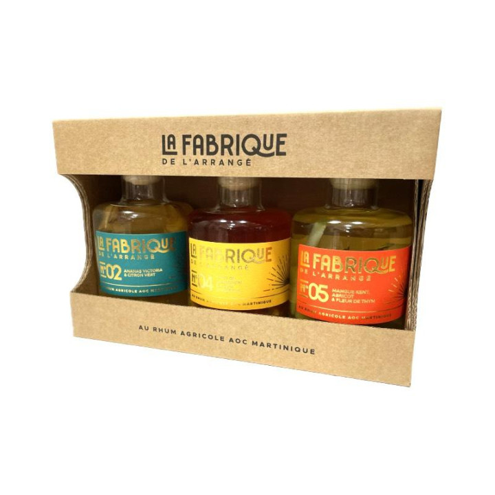 Coffret Rhum arrangé 3x20cl ananas citron vert, fruit de la passion et fleur d'hibiscus, et mangue abricot