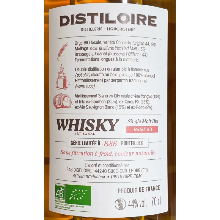 Back label of Distiloire's organic batch 1 single malt whisky